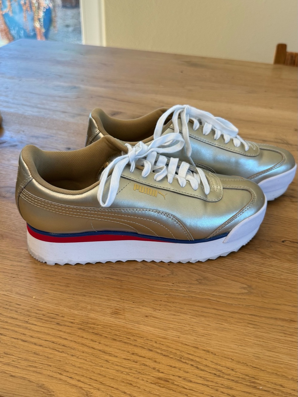 Puma Women's Metallic Gold Platform Sneakers with Red & Blue Stripe